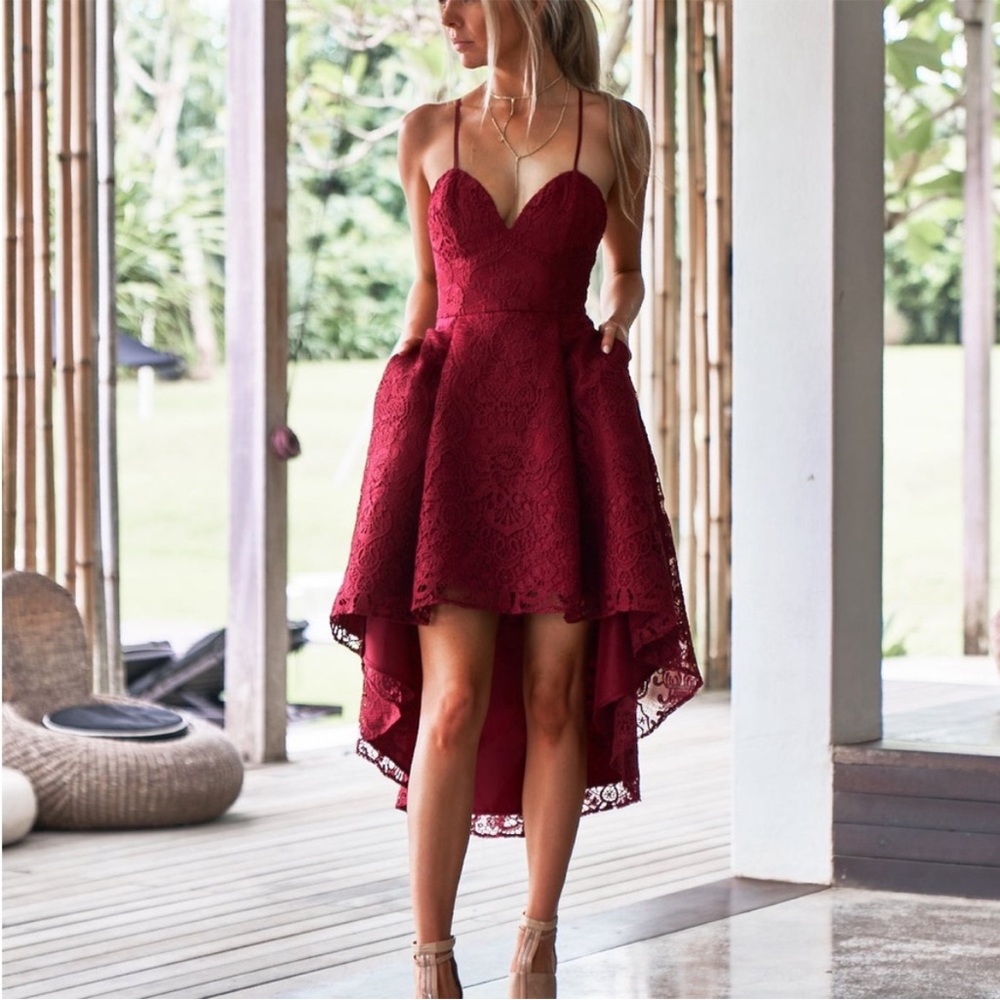 Burgundy High-Low Lace Dress.